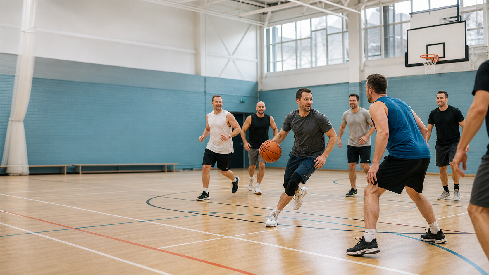 Adults playing casual indoor pickup basketball